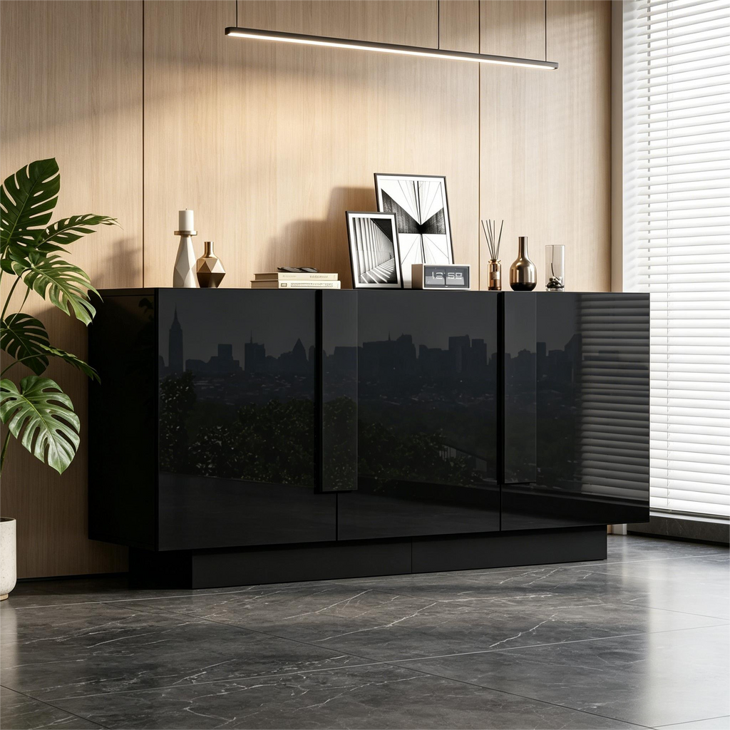 Living Room Sideboard  35 X 160 X 60 Cm , A Living Room Cabinet With 3 Doors, High-gloss Storage, 6 Storage Compartments And Plenty Of Storage Space.Wide Cabinet, Black, Chipboard, Easy To Clean, Ches