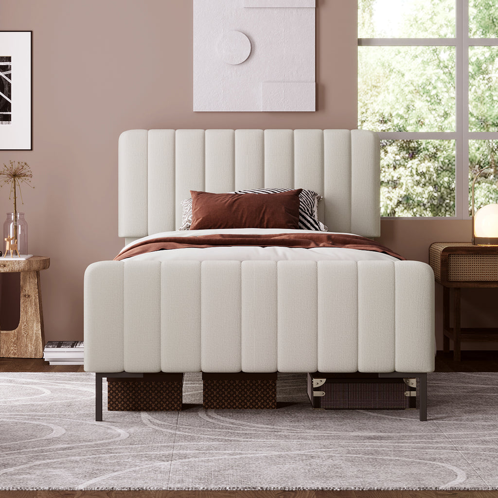 Upholstered Single Bed 90 X 200 Cm, Bed Frame With Lattice And Adjustable Head, Upholstered Bed In Grey-Beige, Bed Frame Youth Bed For Bedroom Guest Room Linen Material With Mattress
