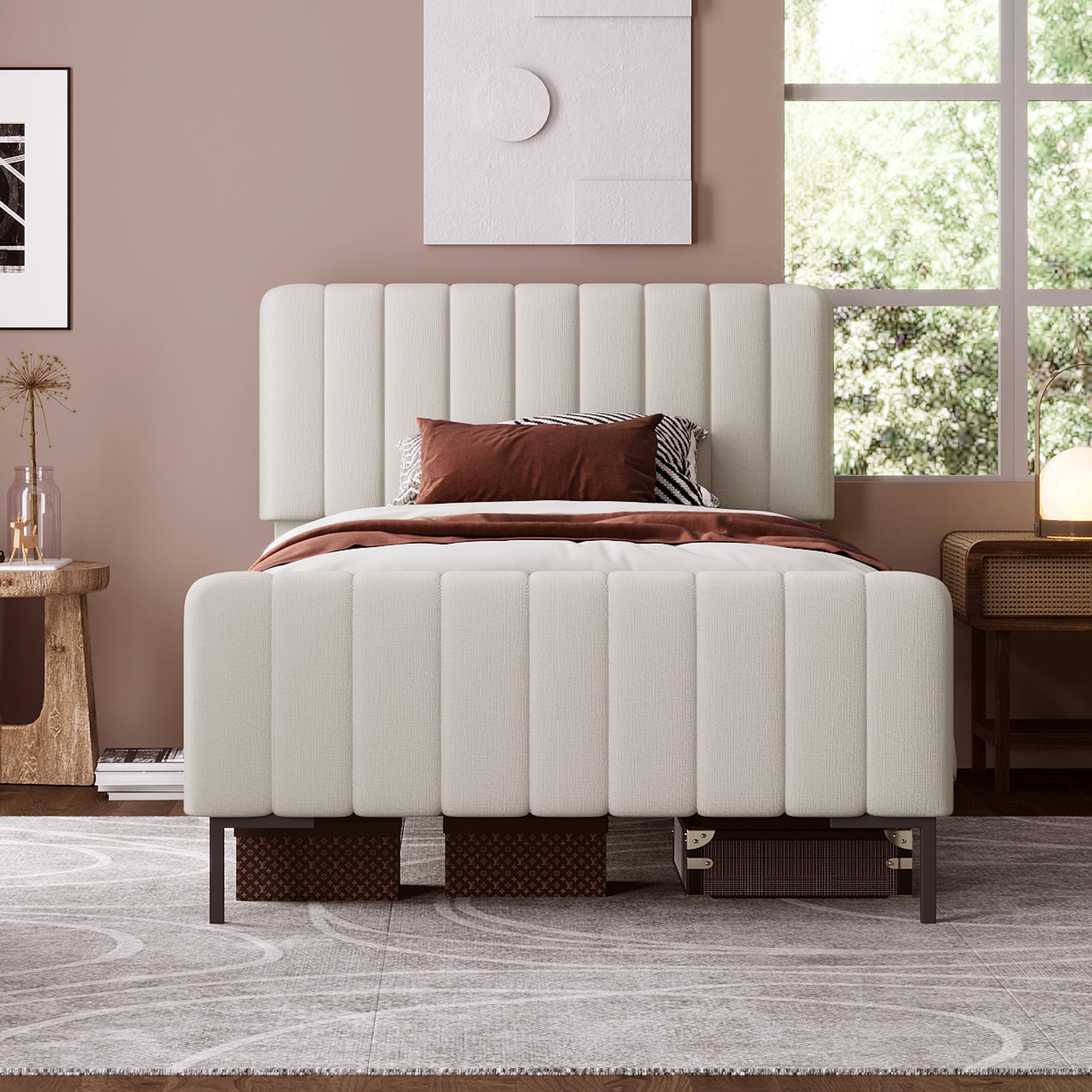 Upholstered Single Bed 90 X 200 Cm, Bed Frame With Lattice And Adjustable Head, Upholstered Bed In Grey-Beige, Bed Frame Youth Bed For Bedroom Guest Room Linen Material With Mattress