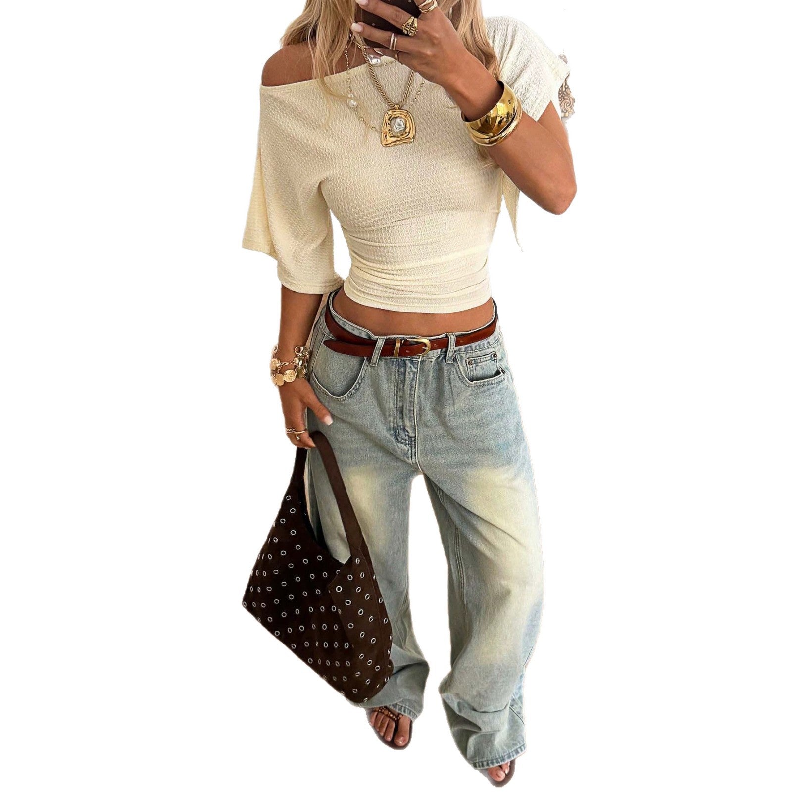 Summer Womens Off-shoulder Flared-sleeve Slimming Short-sleeved Top