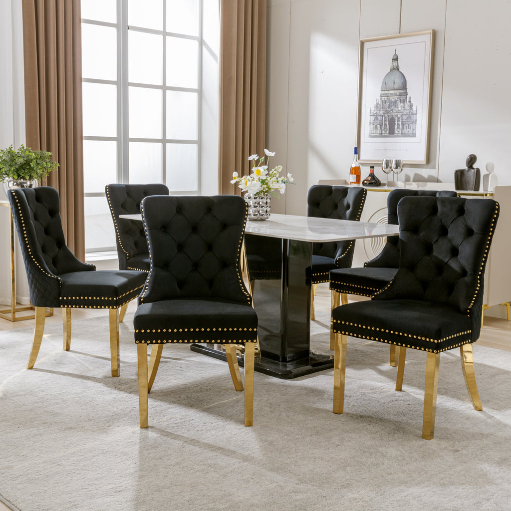 Dining Room Chair Kitchen Chair Living Room Chair With Unique Round Tensile Rings On The Back, 6 Sts, Upholstered Chair With Nail Head Occupation,Supporting Legs In Gold Plated Stainless Steel, Velvet
