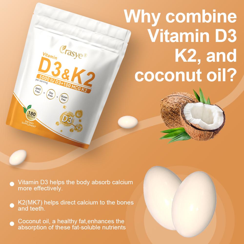 VitaminD3 K2 Softgels HighPotency Formula With Virgin Coconut Oil, 180 Count 2-in-1 Vitamin D & K Supplement Supporting Bone, Heart, And Immune Health