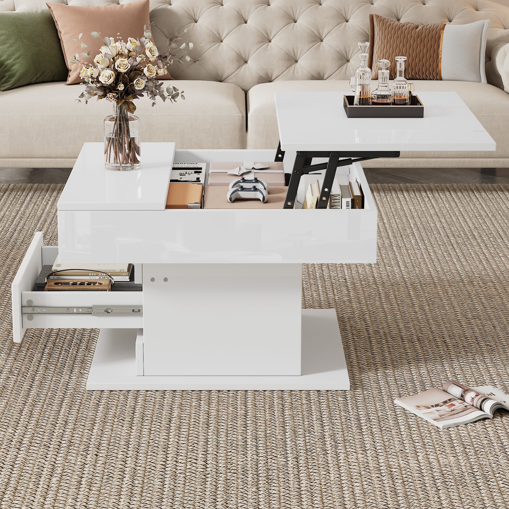 70X70X45cm Geometric Coffee Table, Top Table Top 360degree Free Swivel, Liftable Coffee Table With 1 Drawer, High Gloss Living Room Table With Hidden Storage, Sofa Table, Side Table, White