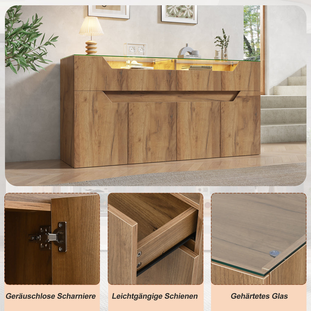 Sideboard With Tempered Glass Top, 140x40x70cm Wood Look Chest Of Drawers With 2 Drawers, MDF Storage Cabinet For Dining Room & Living Room, 30kg Load Capacity