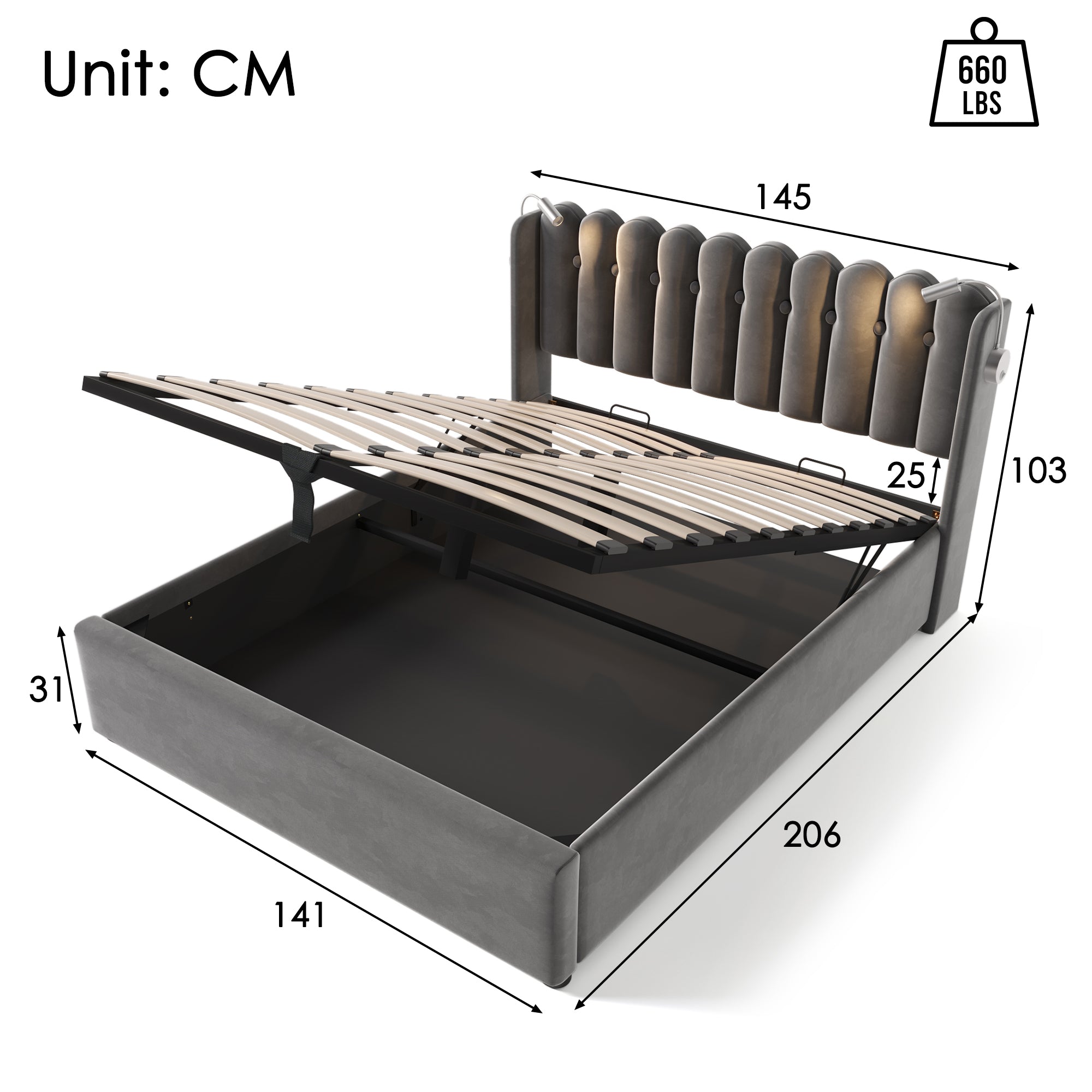 Upholstered Bed Double Bed Reading Light With Charging Headboard Storage Bed Frame Velvet Youth Bed 140x200 With Slatted Base,Grey Without Mattress