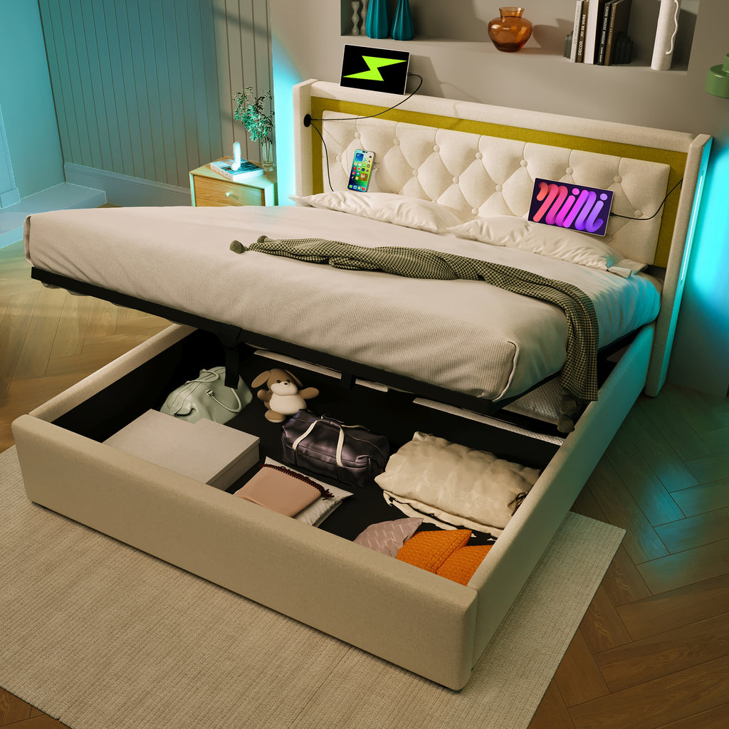 Upholstered Bed LED Double Bed Storage Bed Box With USB Type C Charging Function Headboard,Storage Beds Cotton Bed Frame Youth Bed 160x200 With Slatted Base  Without Mattress