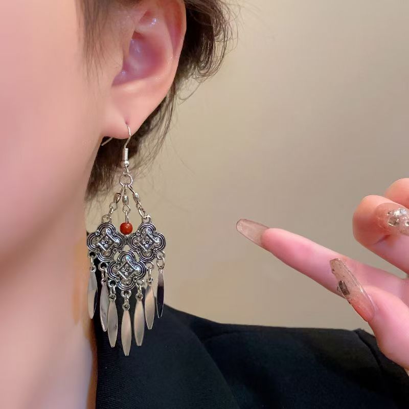 Ethnic Tibetan Silver Long Tassel Dangle Earrings For Women, Retro Exaggerated Miao Silver Exotic High-grade Temperament Ear Jewelry