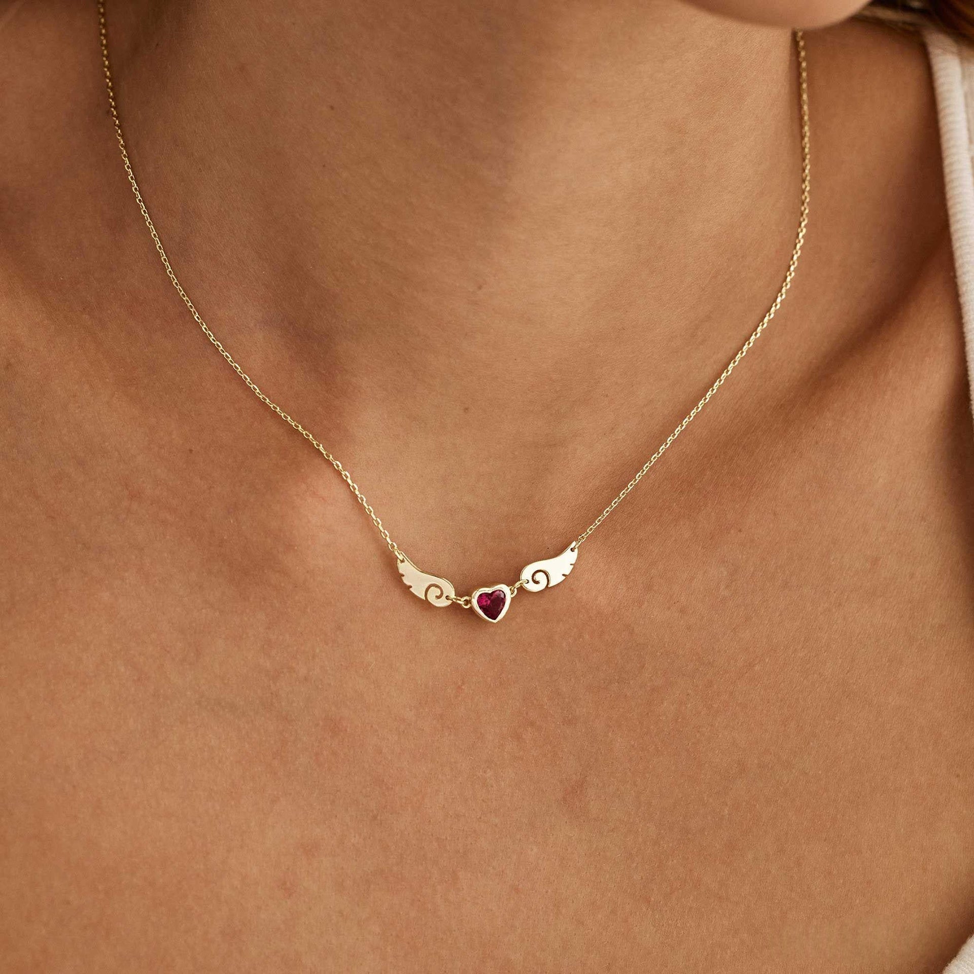 European And American Style Engraved Angel Wings Birthstone Love Zircon Necklace
