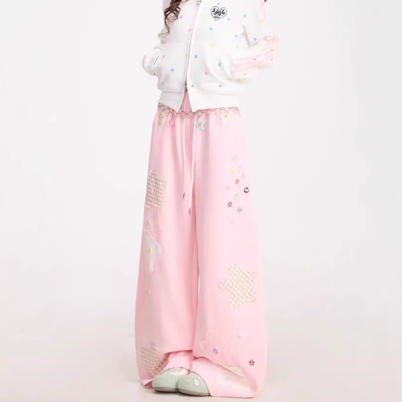 Womens American-Style Retro Quirky Patchwork Plaid Straight-Leg Sweatpants