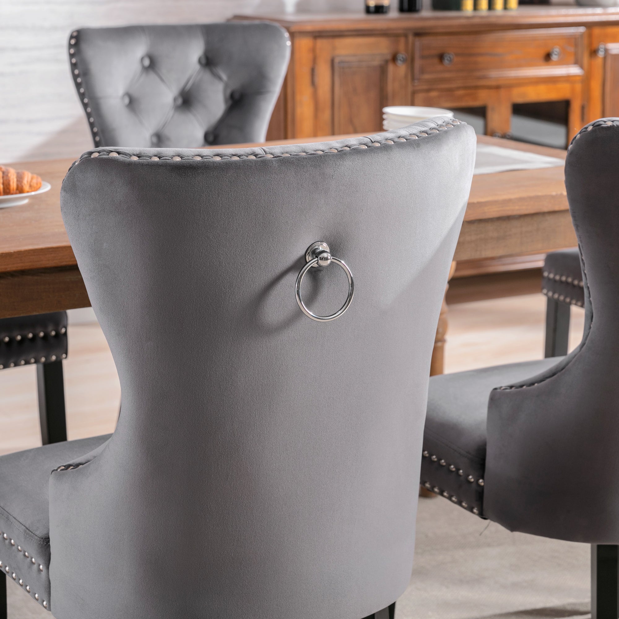 Velvet Dining Chairs 4 Set With Oak Legs, Button, Chrome Clamp And Nail Head Fit Bedroom Chair Kitchen Chair Living Room Lounge Recreational Chair Grey, 4 Pieces Old Sku -PP198789AAG