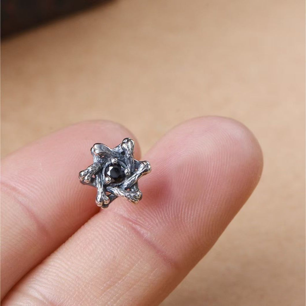 High-End Men's Hexagram Zircon Vintage Black Stud Earrings, American Retro Style Elegant Single Ear Jewelry For Guys
