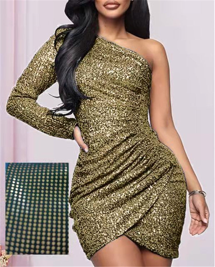 Popular Multicolor Sequined Sexy Off-shoulder Women's Long-sleeved Dress