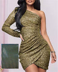 Popular Multicolor Sequined Sexy Off-shoulder Women's Long-sleeved Dress