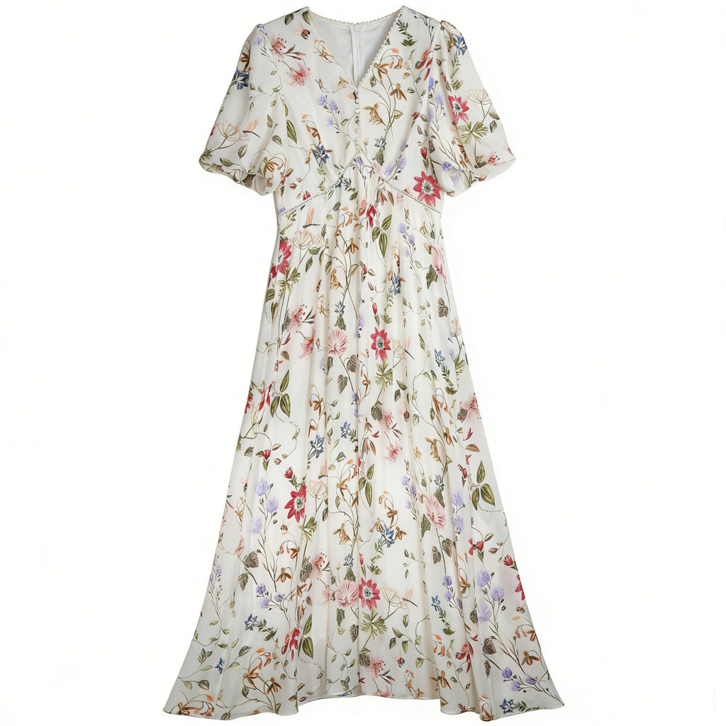 Elegant Printed Waist-Cinching Silk Dress For Women