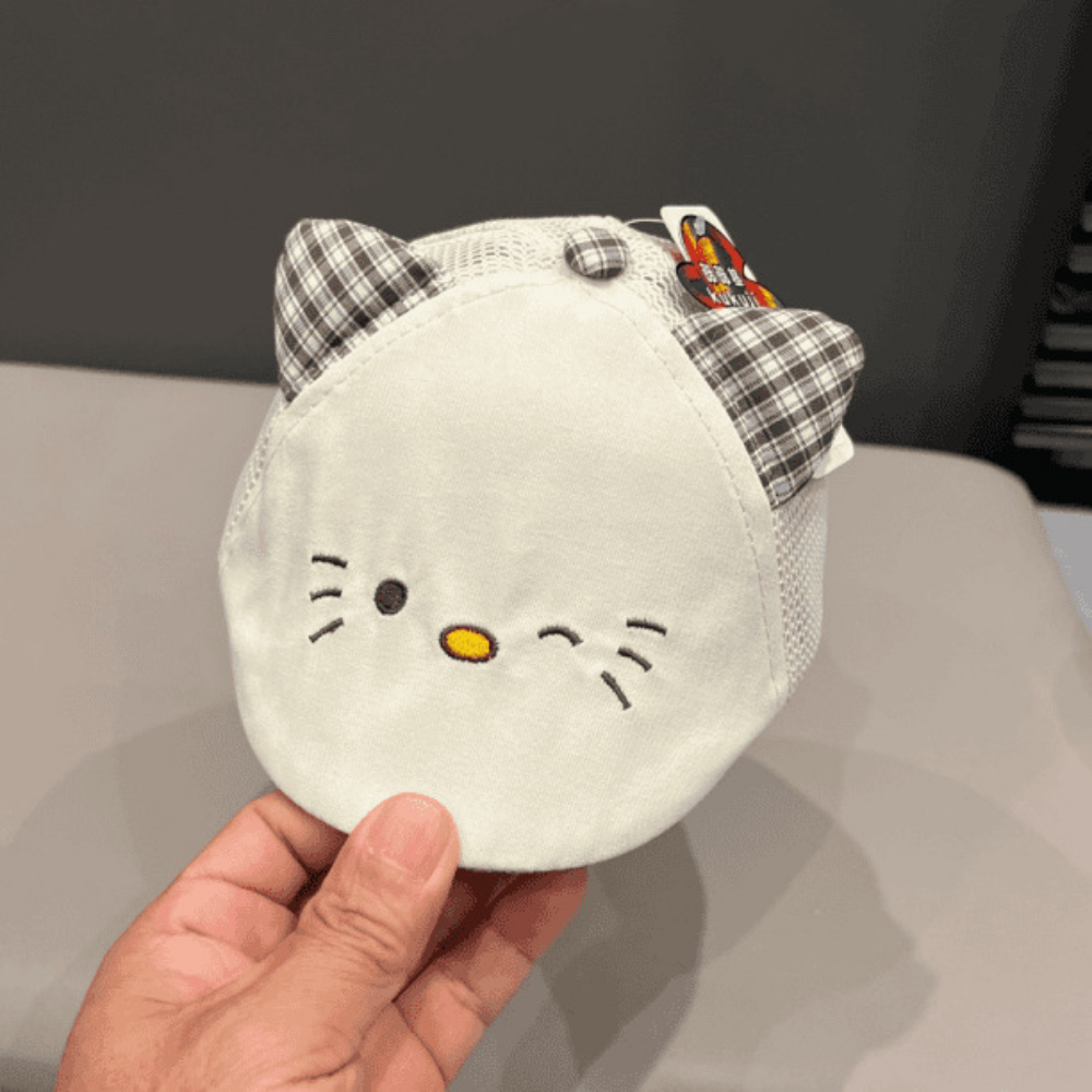 Children's Net Fabric Stitched Three-dimensional Cat Ears Cat Expression Embroidery Front Hat - Cute And Playful Style Baby Sun Hat