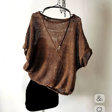 Womens Summer Elegant Retro Hollow-Out Loose Round-Neck Short-Sleeve Batwing Top
