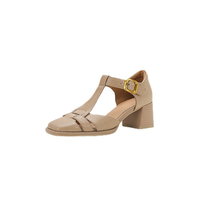Chunky-heeled High Heel Genuine LeatherSquare-toe Womens Shoes French Vintage Style
