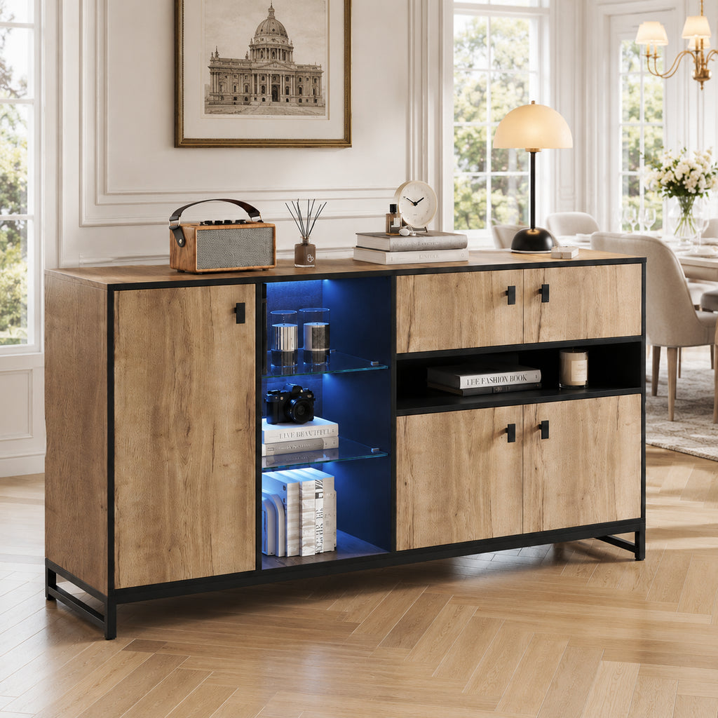 Modern Minimalist Storage Cabinet With Double Doors, Open Shelf, Glass Shelves And Adjustable Interior Dividers  Versatile Storage Solution For Living Room, Dining Room And Office.