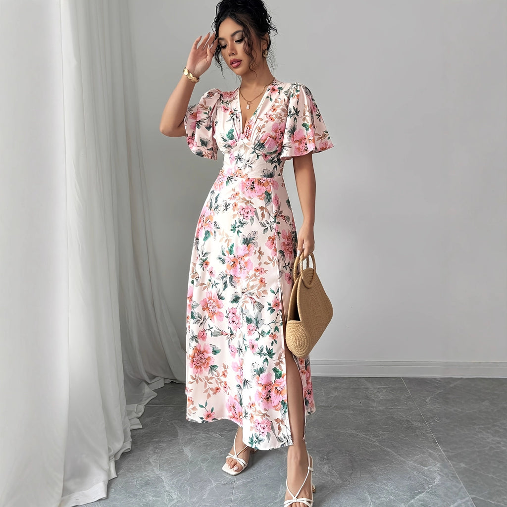 Waist-cinching Figure-flattering Short-sleeved Slit Dress