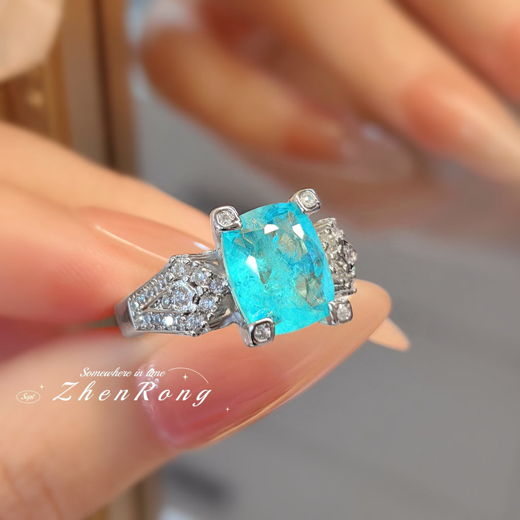 Fashion Elegant Paraiba Tourmaline Ring For Women, Niche Design Cushion Cut High Carbon Diamond Color Gemstone Adjustable Open Finger Ring