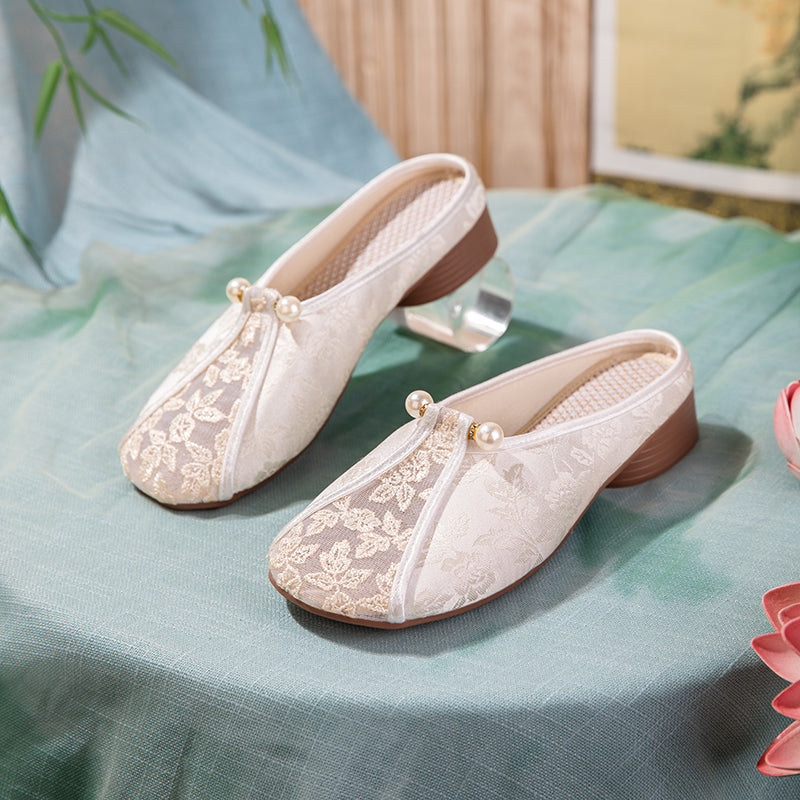 Embroidered Mesh Mule Slippers - Pearl Tassel Summer Breathable Cloth Shoes, Elegant Low-Heel Women S Shoes