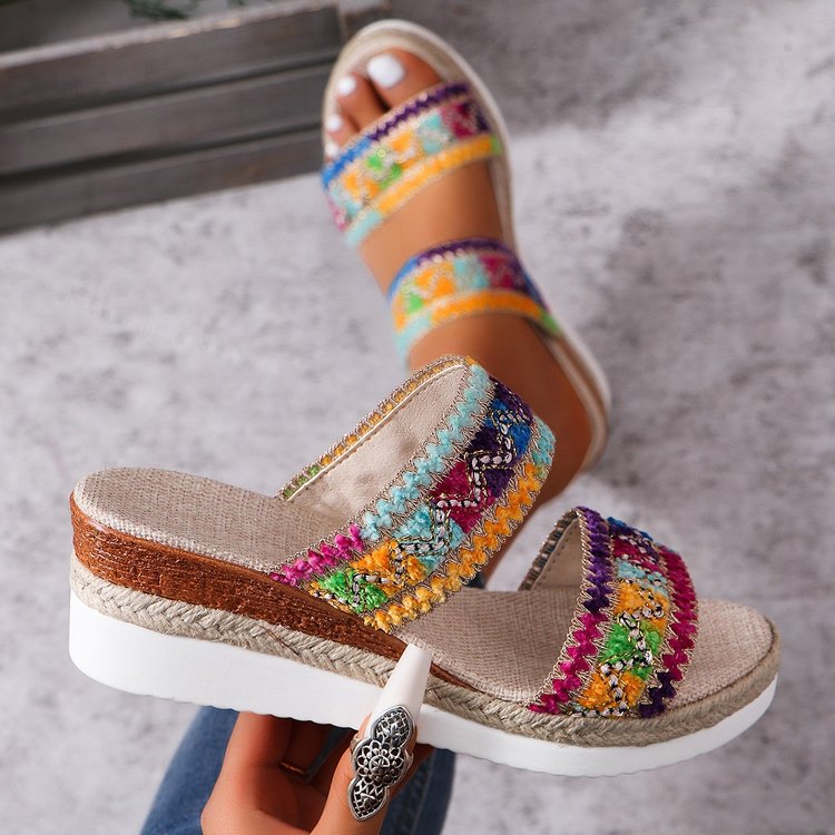 Canvas And Jute-woven Wedge Sandals With Wide Straps