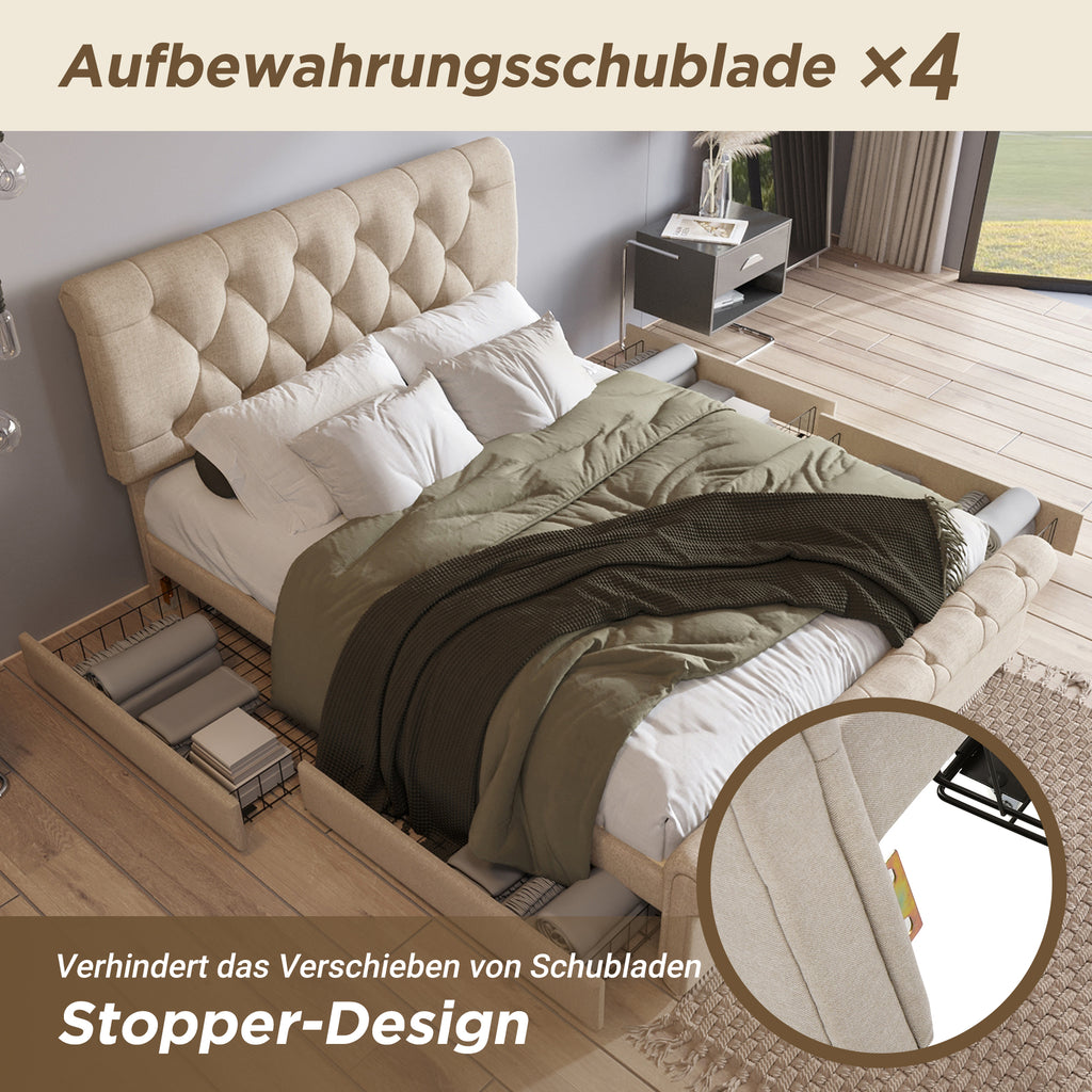 Doppelbett Polsterbett 140x200cm, Bettgestell Mit 4 Schubladen Und Hohenverstellbarem Kopfteil, Chesterfield Funktionsbett, Naturlich,Mit Matratze