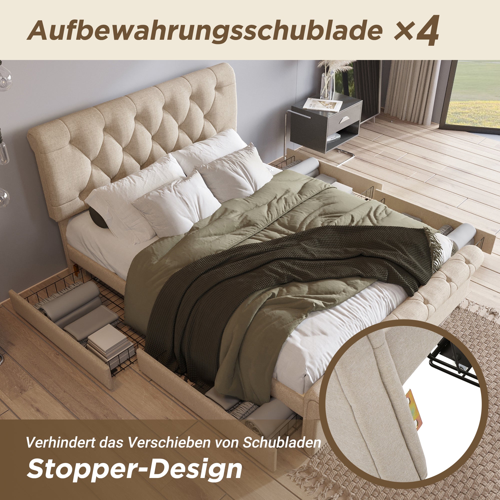 Doppelbett Polsterbett 140x200cm, Bettgestell Mit 4 Schubladen Und Hohenverstellbarem Kopfteil, Chesterfield Funktionsbett, Naturlich,Mit Matratze