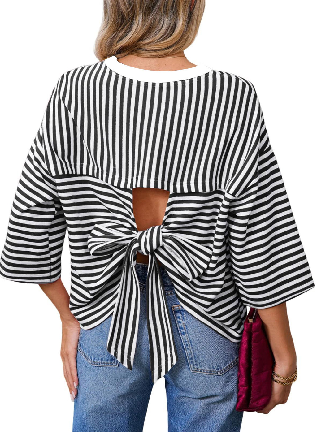 Round-neck Striped Casual Loose-fitting Top With A Back Cutout And Bow Tie Straps