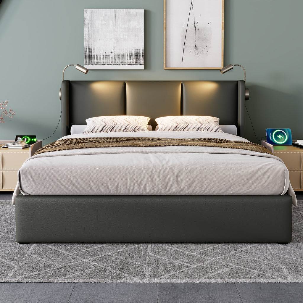 Upholstered Bed, Double Bed, Storage Box, Reading Light With Charging Function, Headboard, Storage Beds, Bed Frame, PU Youth Bed 160x200 With Slatted Base  Without Mattress