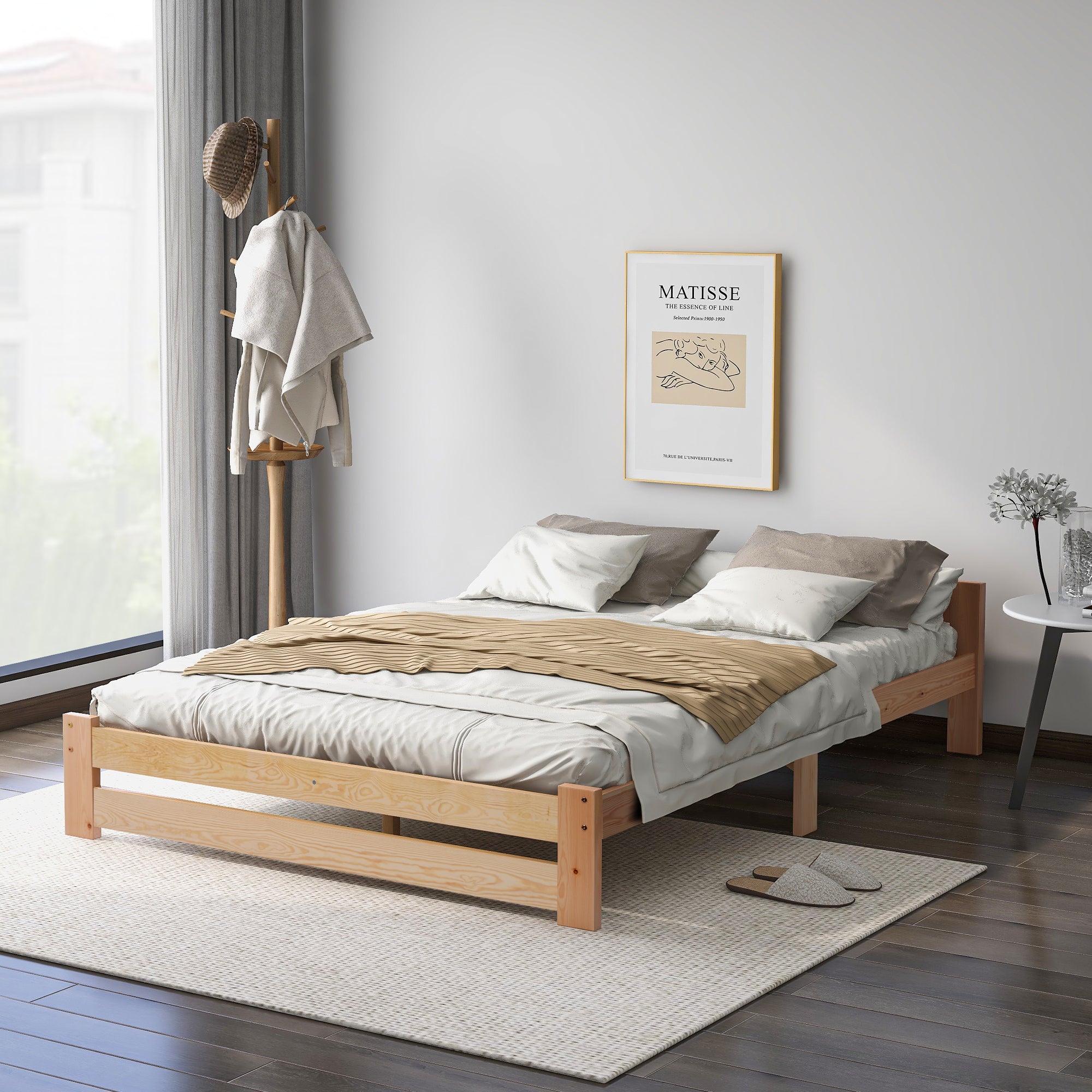 Solid Solid Wood Bed Futon Bed Made Of Natural Wood With Headboard And Slatted Frame, Natural 200x140cm