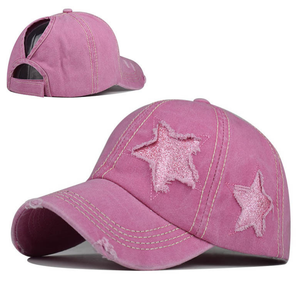 Summer Women's Washed-out Distressed Sequined Five-point Star Baseball Cap For Summer Outings, Sister Gatherings, Trendy Retro Style Hat