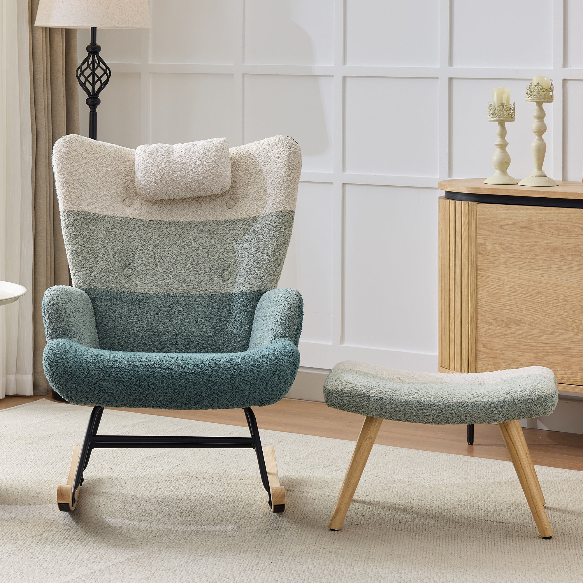 Boucle Rocking Chair, Rocking Chair In Colorful Patchwork Stripe Look, Armchair Legs Made Of Rubber Wood, Frame Made Of Injected Iron, Living Room Armchair, Bedroom Armchair With Footstool