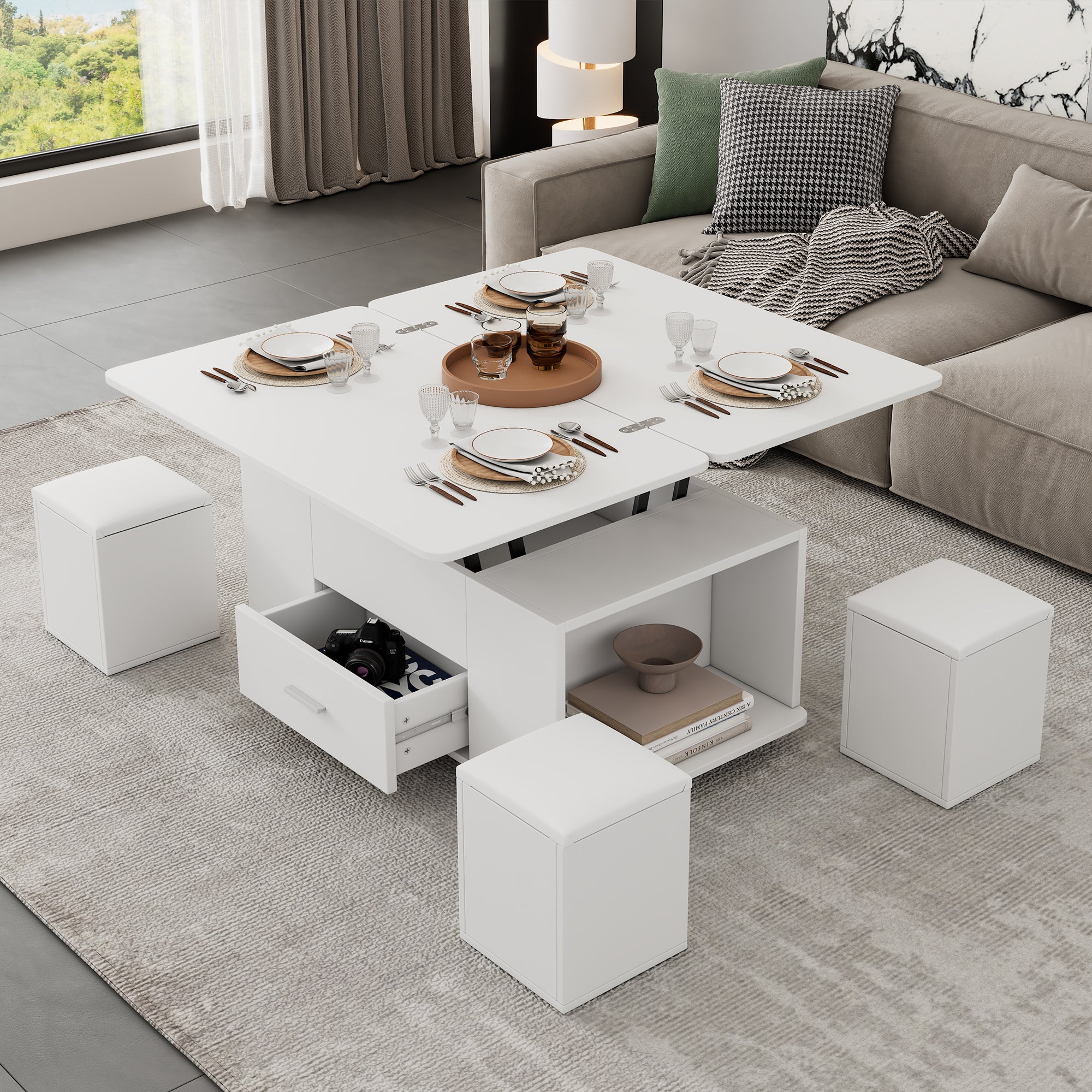 Height-adjustable Coffee Table, Movable Sofa Table, 4-in-1 Multifunctional Coffee Table Convertible Into A Living Roomdining Table, Coffee Table With Drawers, With 4 Stools, White