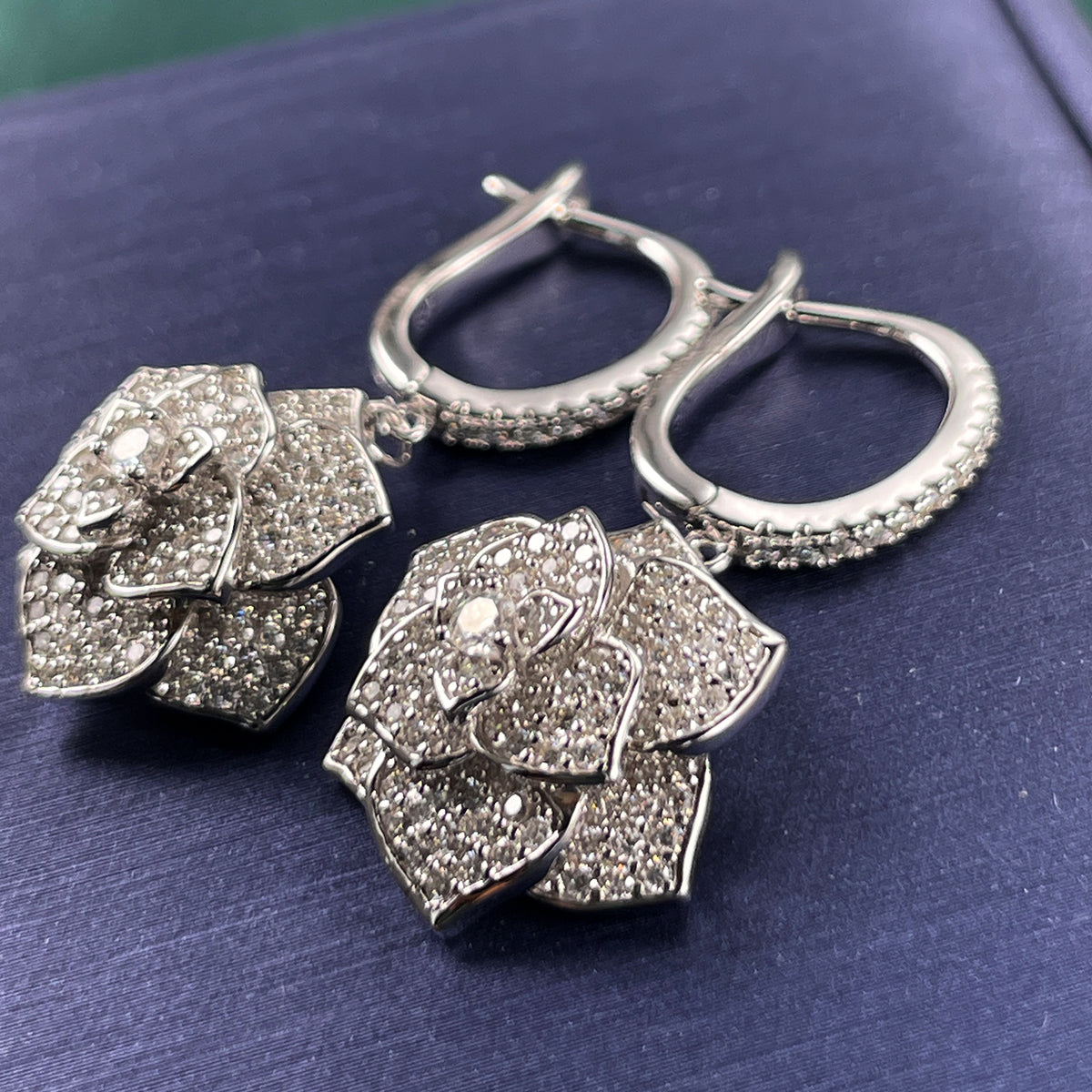 S925 Sterling Silver Rose Drop Earrings, D-VVS1 Moissanite Pave Lever-Back Dangle, Platinum Plated 10.2g Fine Jewelry Gift Box