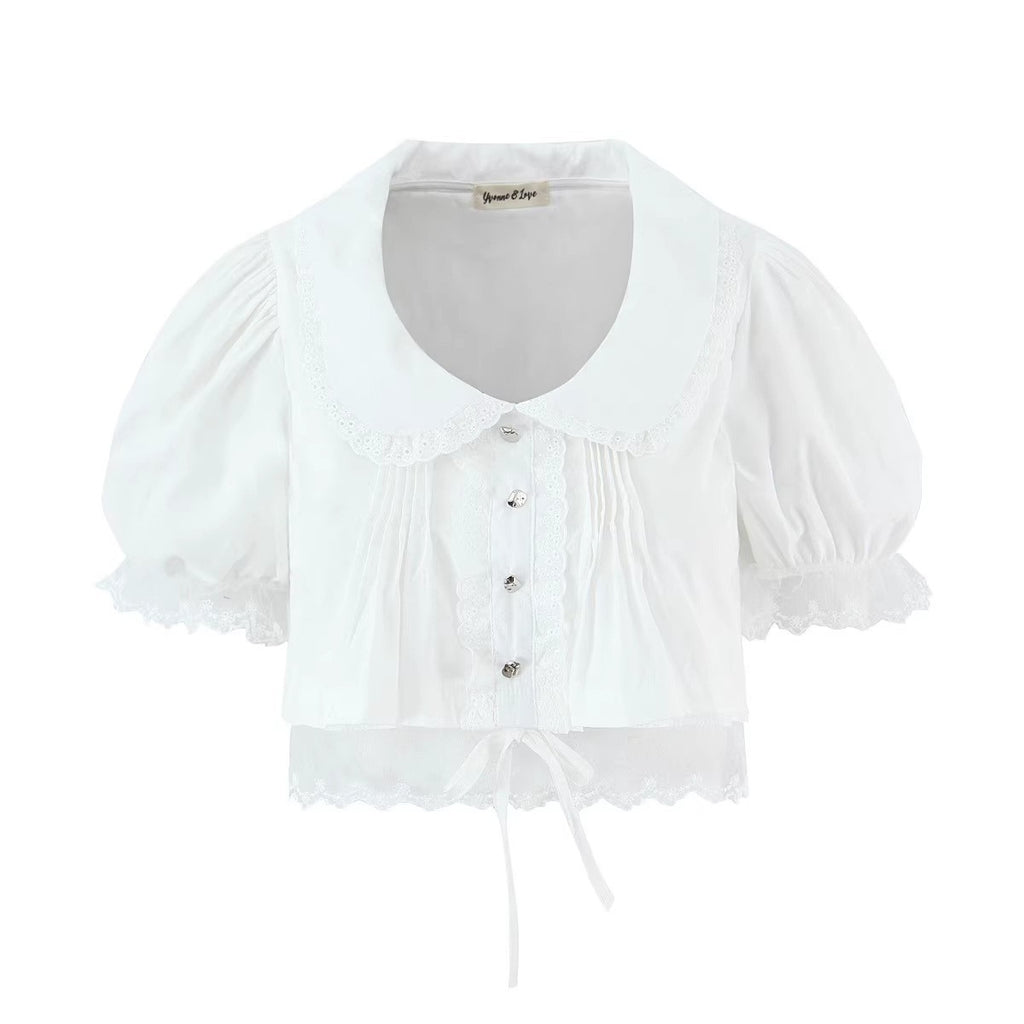 Cotton Mesh Lace Panelled Puff-sleeve Spicy-girl Style Cropped Top