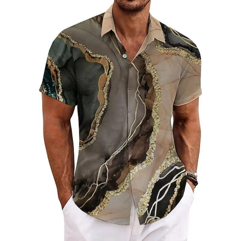 European-size Mens Casual Slim-fit Beach 3D-printed Short-sleeve Shirt