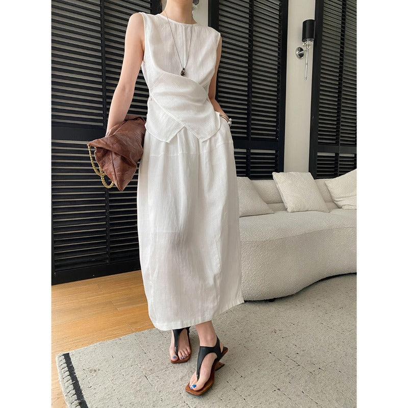 Split-neck Sleeveless Blouse And Elastic-waist Skirt Set