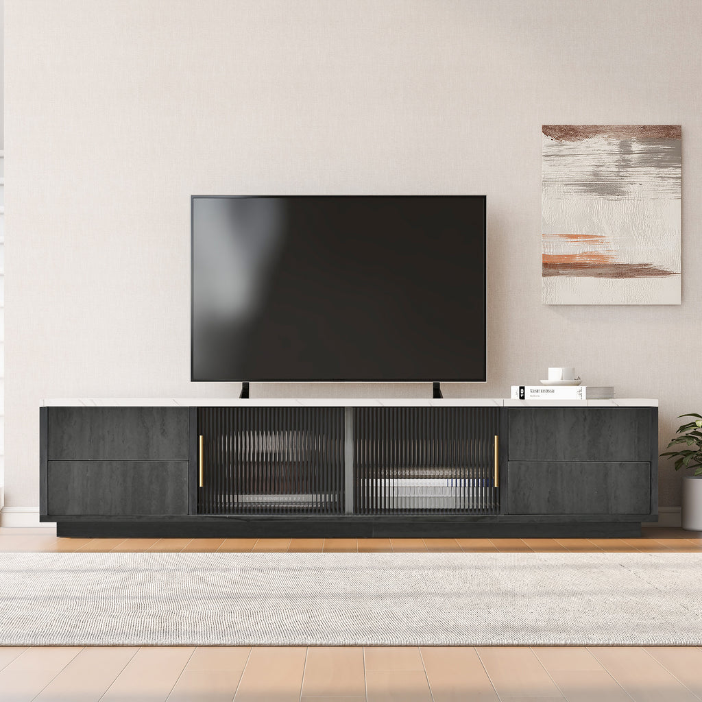 60cm Deluxe TV Stand For 70 TV - Stylish Grey, Marbled Table Top, Cable Management, Drawers With Push-to-Open Funold