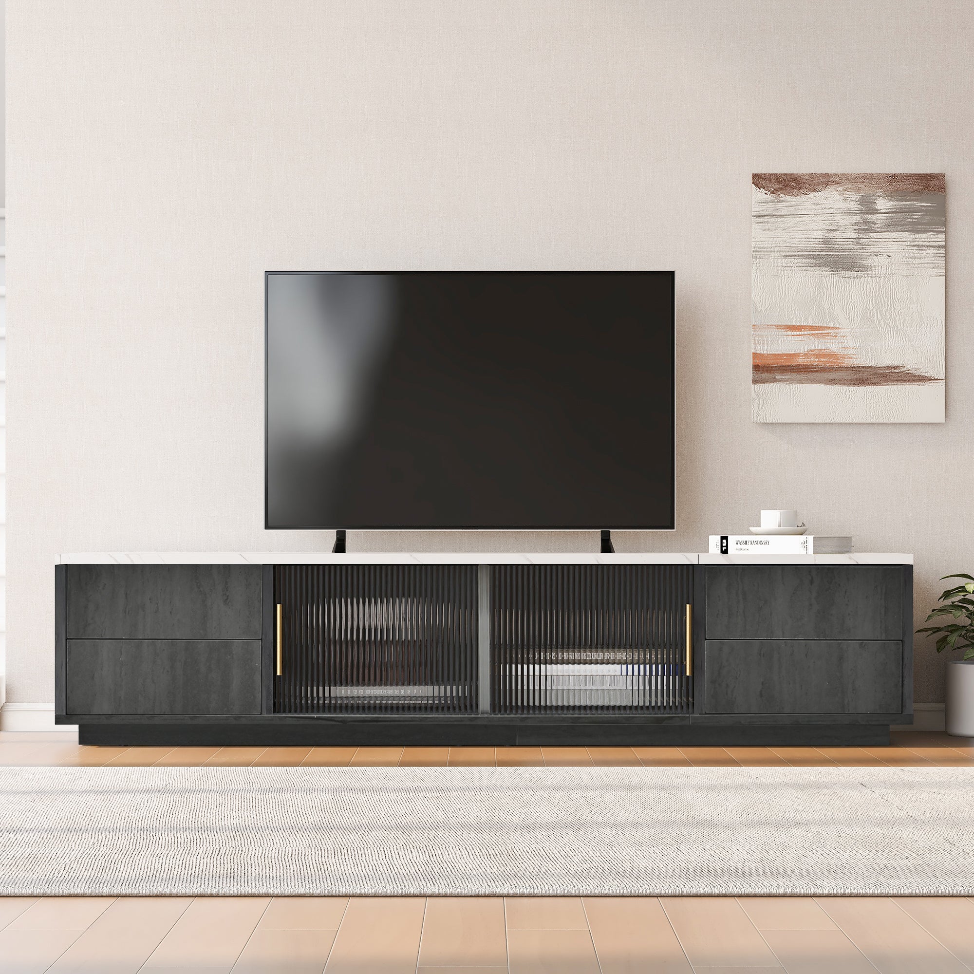 60cm Deluxe TV Stand For 70 TV - Stylish Grey, Marbled Table Top, Cable Management, Drawers With Push-to-Open Funold