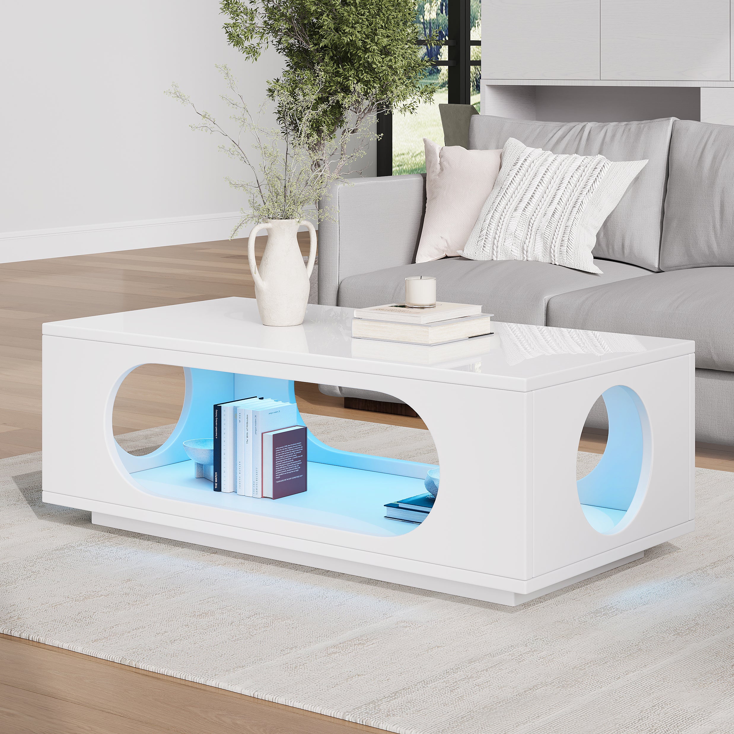 Coffee Table With LED Lighting  App Control , 100x50x35cm, MDF Material, 30kg Load Capacity,High Gloss Openwork Coffee Table,Large Storage Side Table,Sofa Table,White