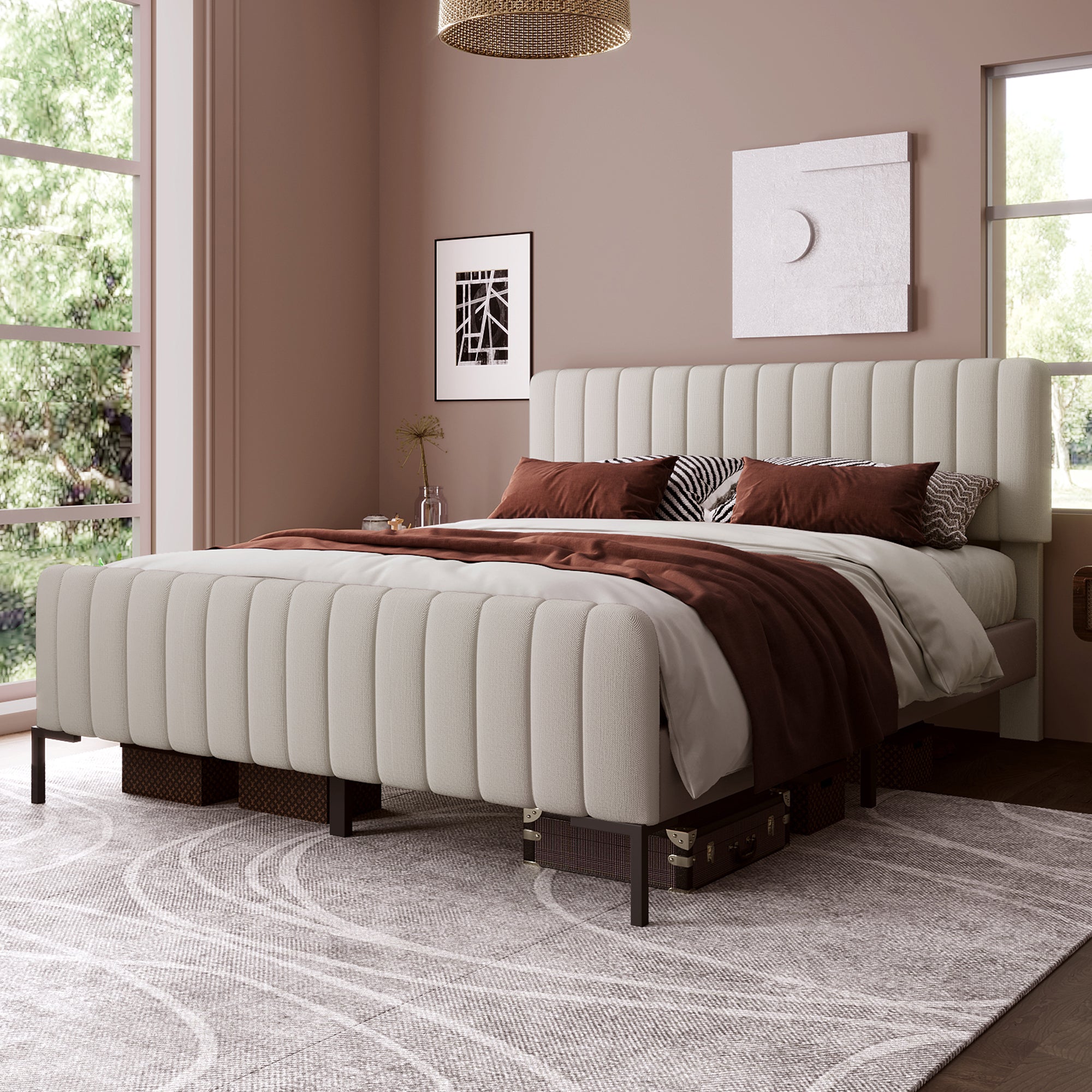 Upholstered Double Bed 160 X 200 Cm, Bed Frame With Lattice And Adjustable Head, Upholstered Bed In Grey Beige,Bed Frame Youth Bed For Bedroom Guest Room Linen Material