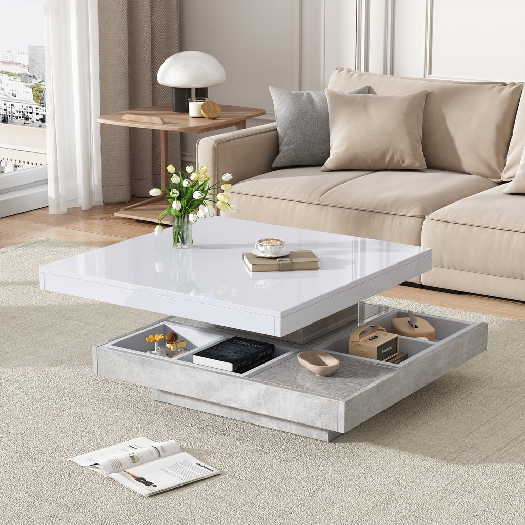Functional Double Coffee Table With High-gloss Top Table Top Can Be Rotated 360 , Double Swivel Top With Storage Compartment, Living Room Table Top In White, Marble-coloured Chipboard