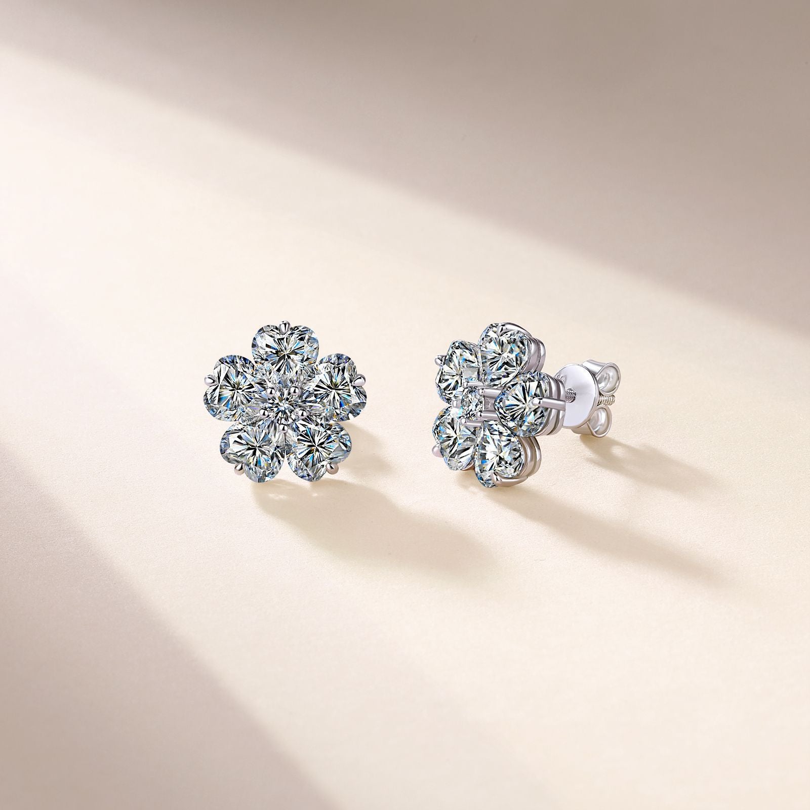 S925 Sterling Silver Heart Flower Stud Earrings, 5x5mm D-VVS1 Moissanite Cluster, Platinum Plated 3.4g Women's Jewelry Gift Box