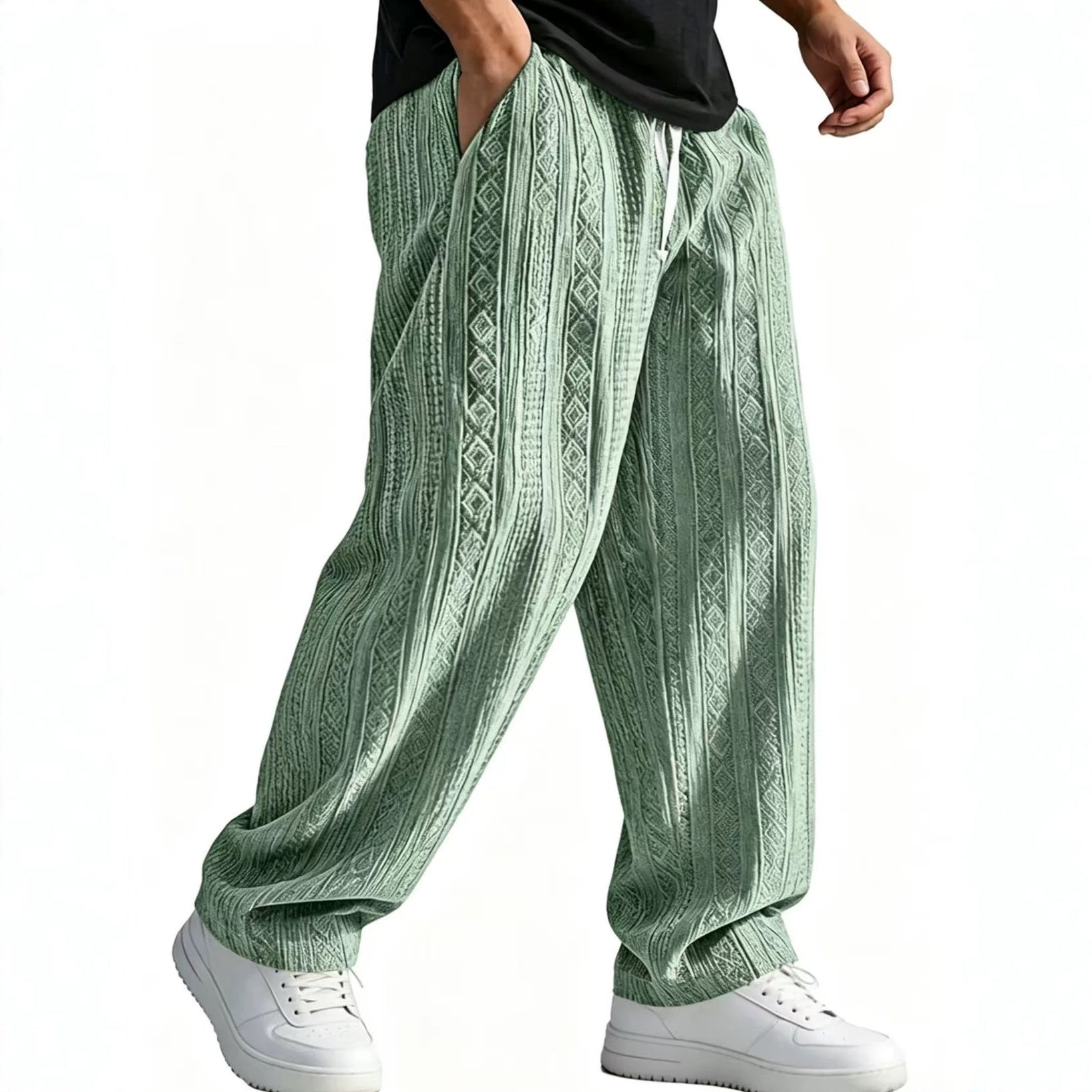 Mens Loose-Fit Jacquard Wide-Leg Casual Solid-Color Straight-Leg Trousers