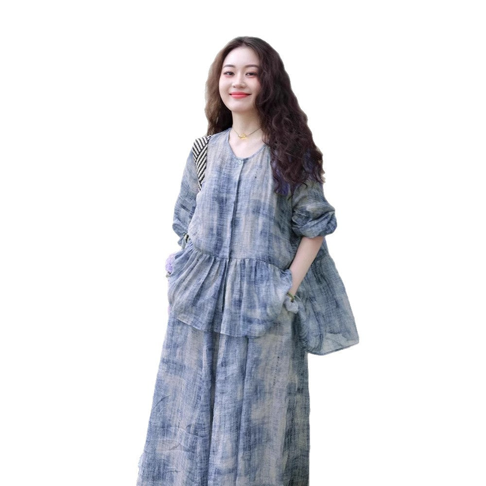 Women's Printed Shirt Top And Strap Dress