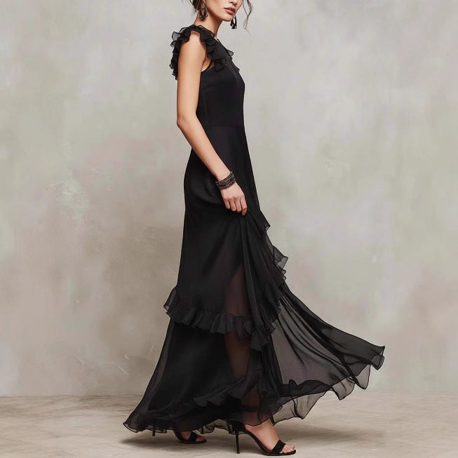 Womens Solid-color Sheer Flounce Asymmetric Long Dress