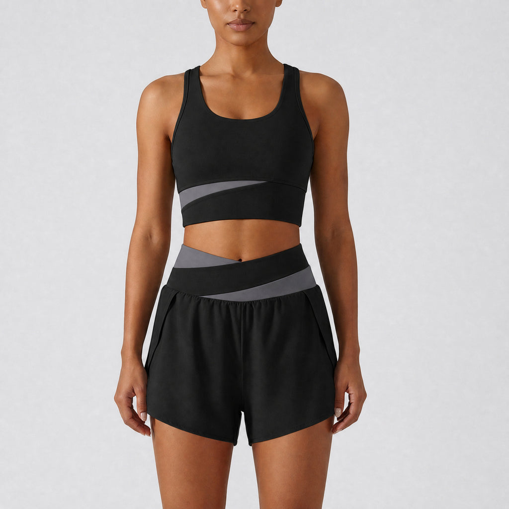 Color-block Sports Top And Shorts Set For Women