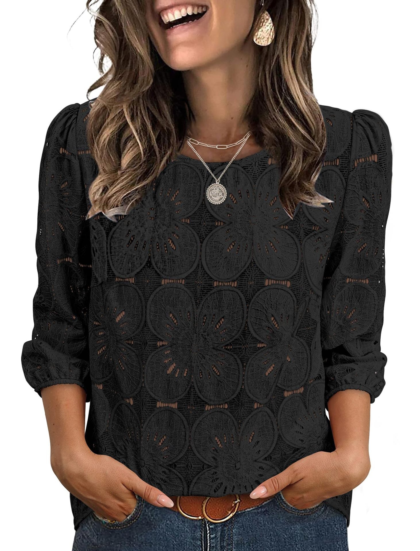 Womens Solid-color Casual Hollow-out Lace Three-quarter-sleeve Crew-neck Top