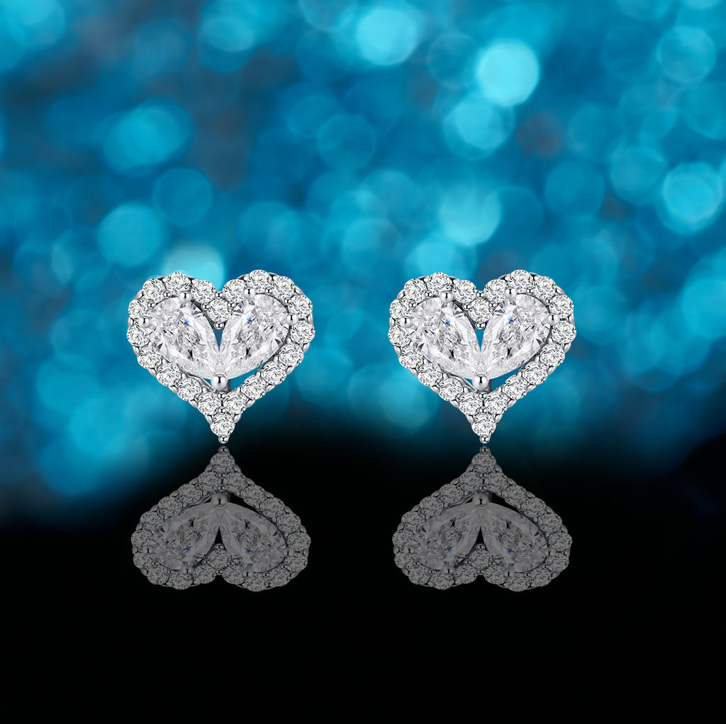 S925 Sterling Silver Heart Moissanite Stud Earrings, 3x5mm D-VVS1 Two-Stone Halo, Platinum Plated 1.9g Romantic Jewelry Gift Box